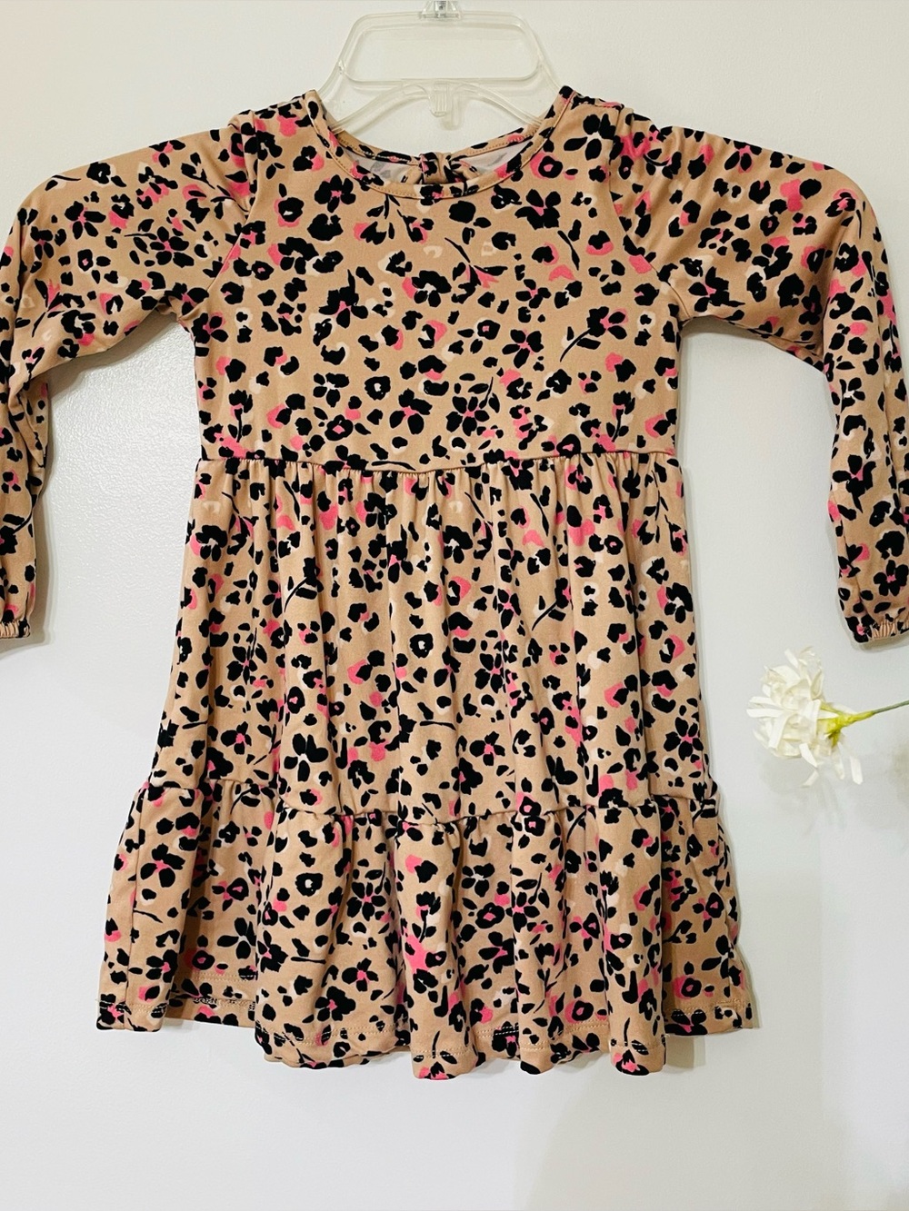btween Tan Leopard Print Long-Sleeve Dress with Pink Accents
